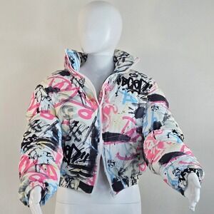 POSH DESING Graffiti Print Cropped Puffer Jacket Womens Medium Multicolor - NWOT